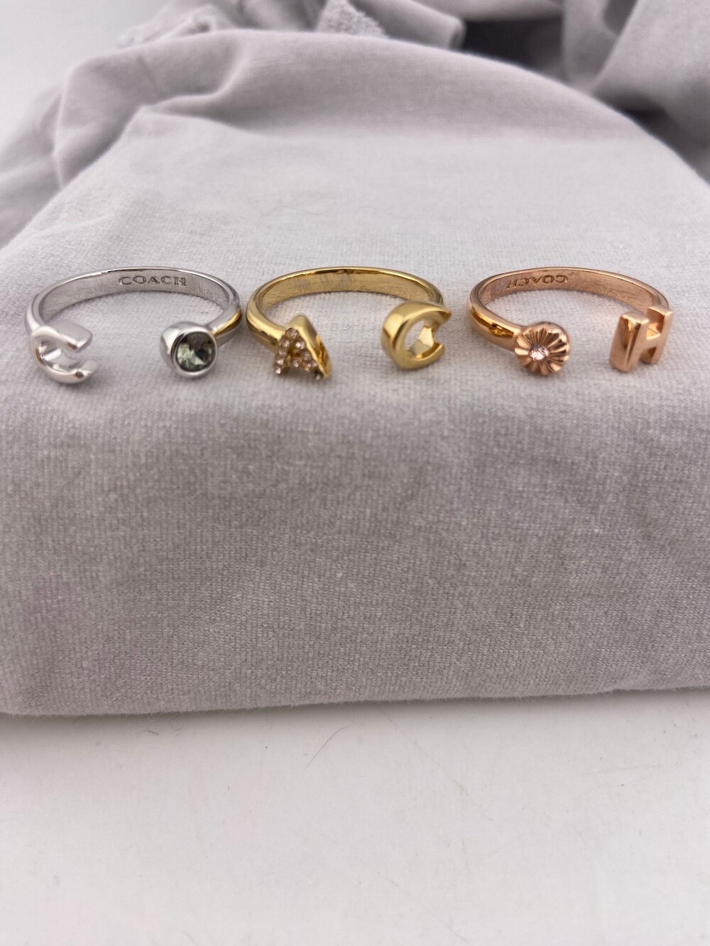 Coach Set of 3 Adjustable Rings Gold Silver Rose Gold Letters C O A C H F54505